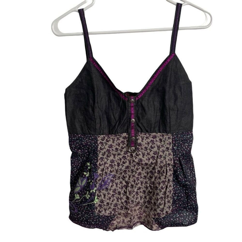 Kessley Womens Babydoll Tank Top L Black Purple Peasant Grunge Chic Patchwork